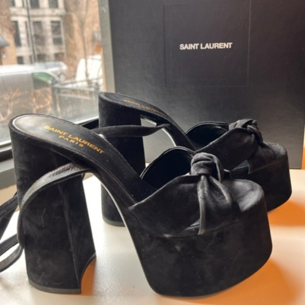 Saint Laurent Spring 2019 Runway Black Suede "Paige 85" Platform Sandals SZ 37
